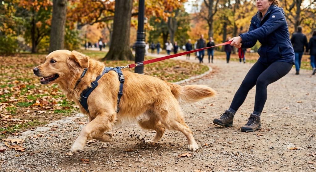 golden retriever dog pulling on leash