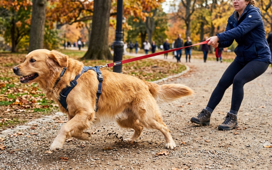 golden retriever dog pulling on leash