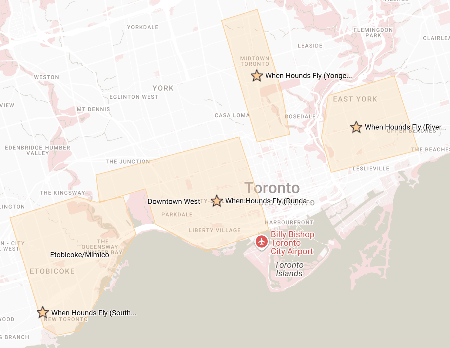 private-dog-training-service-area-map-2026 map of service area for private dog training in Toronto